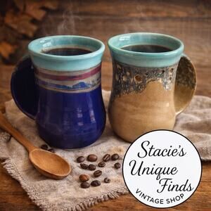 Signed Studio Pottery Mugs 2015 Artisan Blue Tan Coffee Cup Set